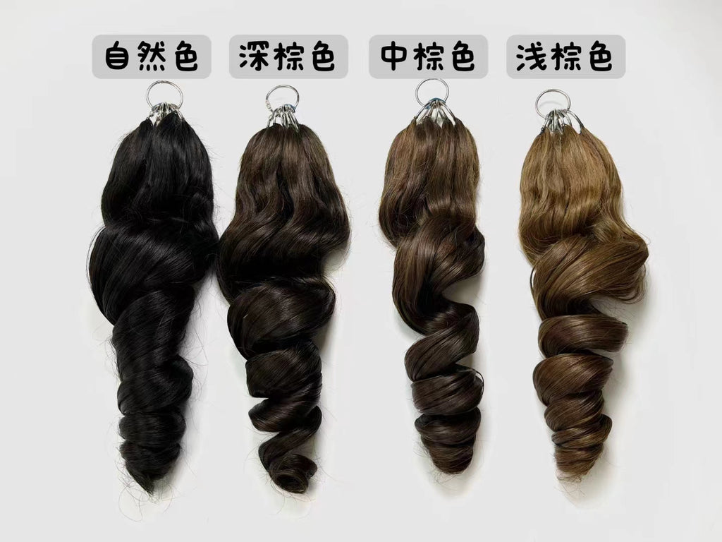 Four hair extension bundles in different brown shades are displayed vertically on a white background, each with a Chinese label above indicating natural, deep brown, medium brown, and light brown.